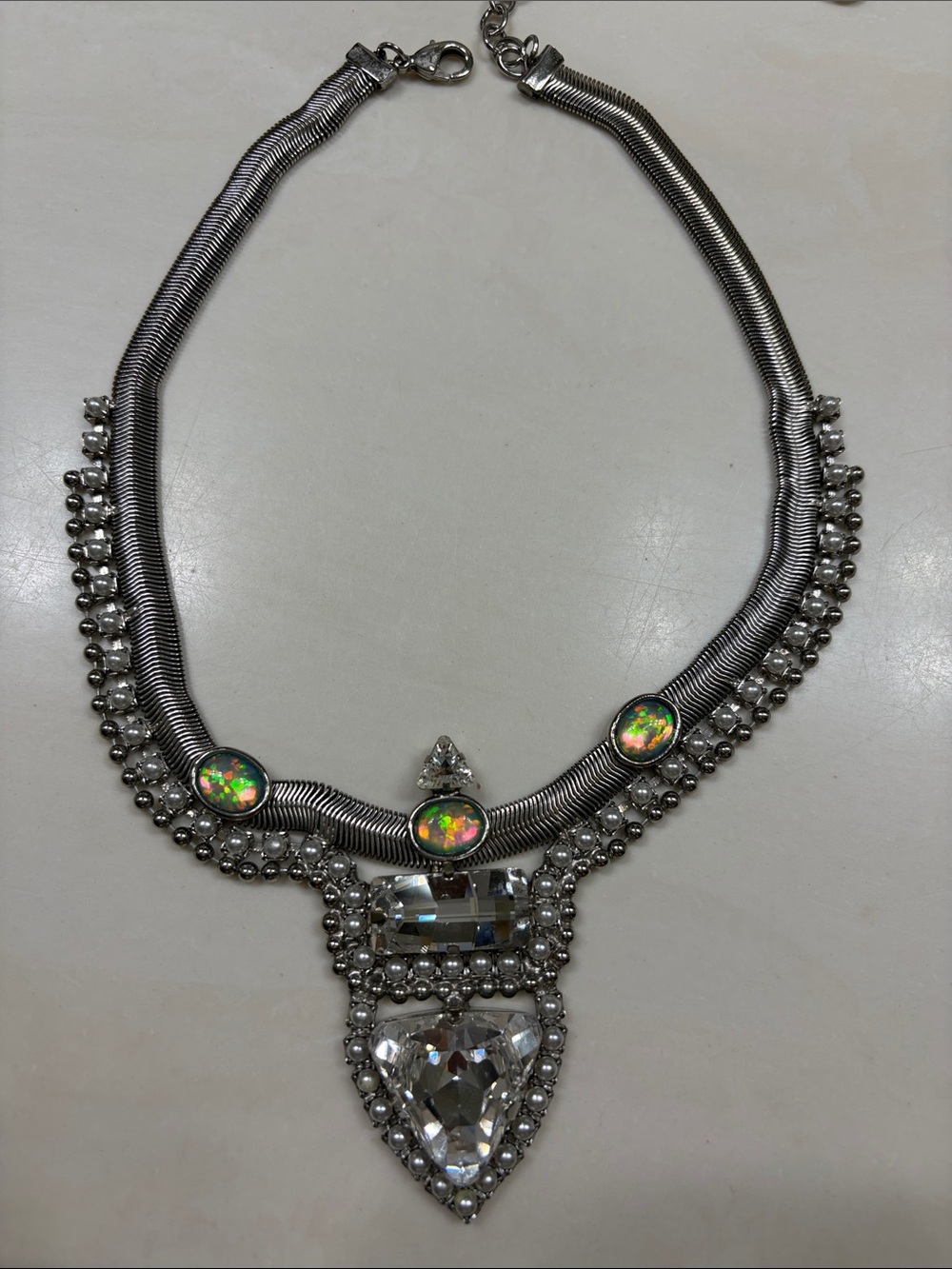 Silver-Tone Statement Necklace with Iridescent Opal Accents